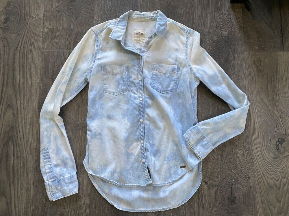Hollister Cotton Acid Bleach Wash White Blue Jean Denim Button-up Shirt Top S